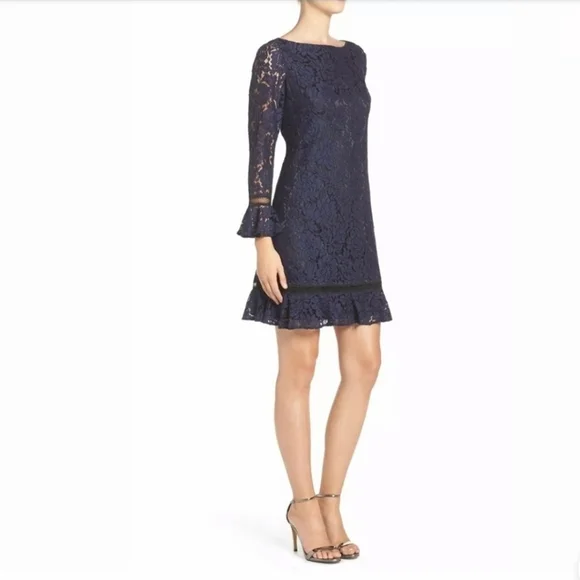 Eliza J Navy Blue Women's Size 6 Floral-Lace Ruffle Shift Dress